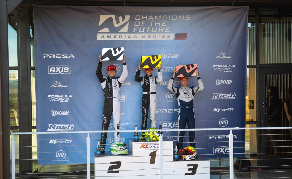 the top three podium finishers in the KA100 Junior class from round 2 of Champions of the Future America series