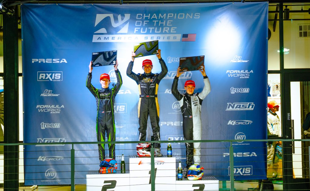 the top three podium finishers in the KA100 Senior class from round 2 of Champions of the Future America series