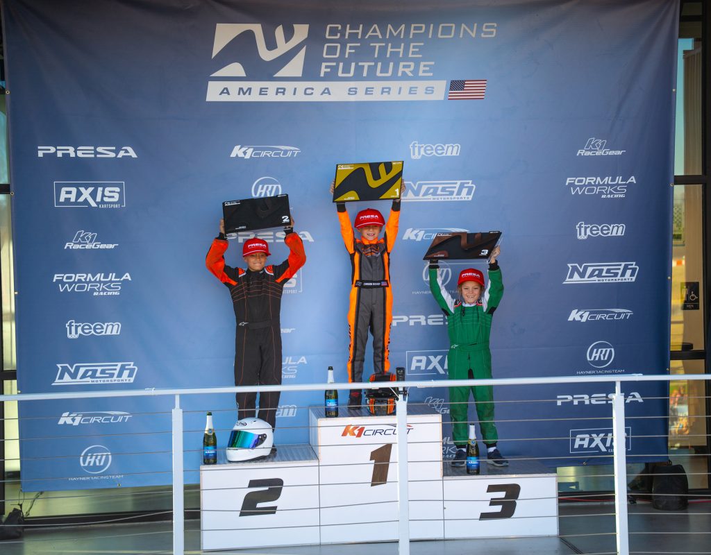 the top three podium finishers in the MIni U10 class from round 2 of Champions of the Future America series