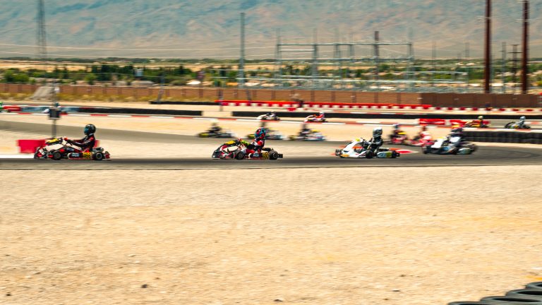Go-karts race at Spring Mountain Karting Complex in Pahrump, Nevada during the fifth round of Champions of the Future America series.
