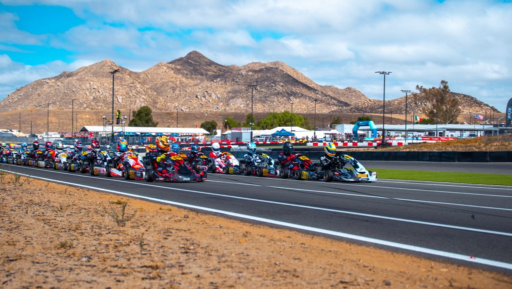 A full grid of KA100 Senior drivers line up for the start of Champions of the Future Round 6 at K1 Circuit