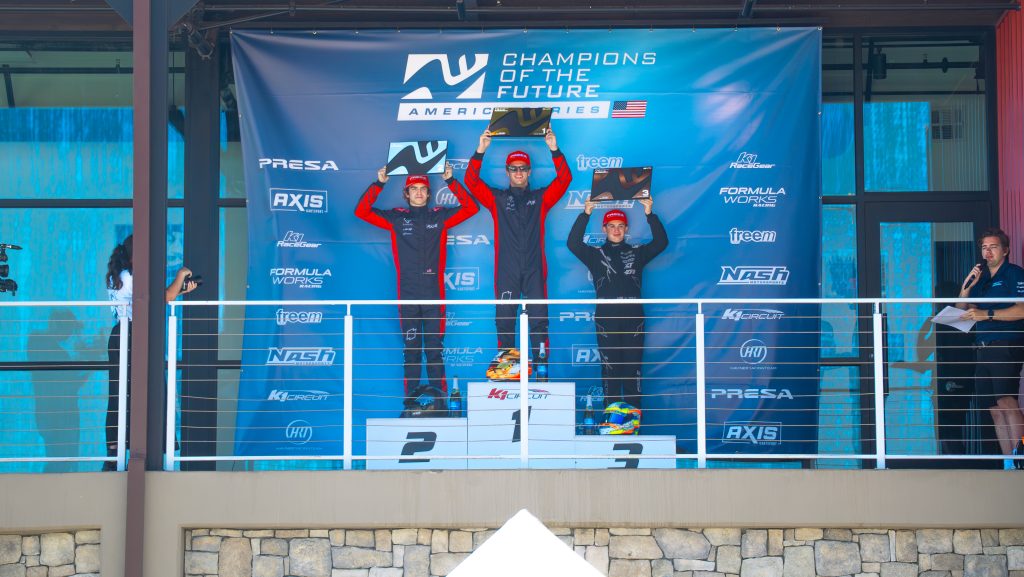 Christian Brooks, Archer Eversman and Matt Cagle stand on the podium at K1 Circuit as the top three finishers of KA100 Senior at K1 Circuit, Champions of the Future America Series Round 6
