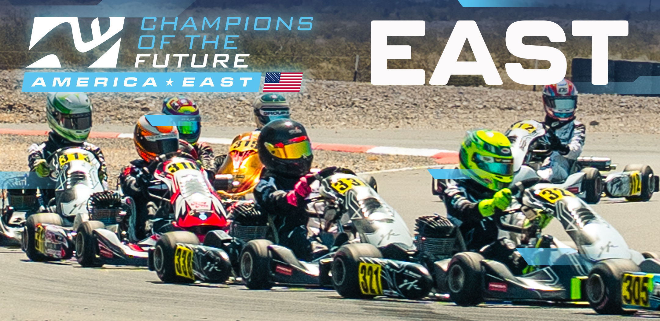 Image of go-kart racers racing at K1 Circuit with the logo for Champions of the Future America Series East and text reading "East" overlaid on top of the image
