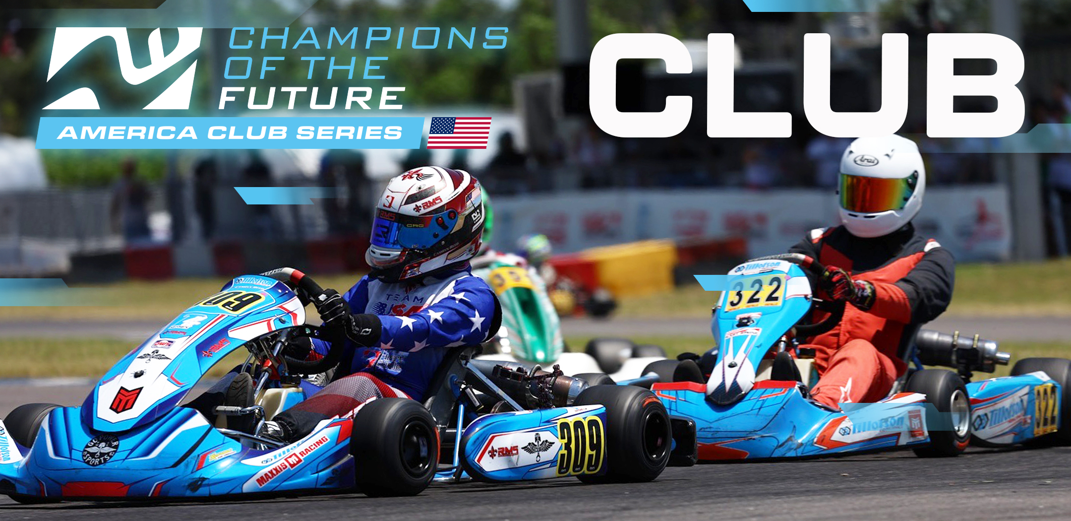 Two go-kart racers competing on track with the Champions of the Future America Club Series logo